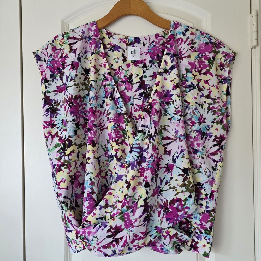 Cabi Floral Wrap Draped Surplice Blouse Top Size M Pink Purple Cap Sleeve